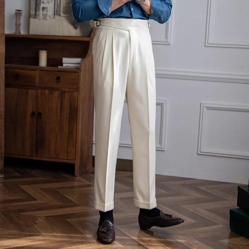 Men's high-waisted straight-leg casual trousers in polyester, shown in black, white, khaki, and coffee colours.