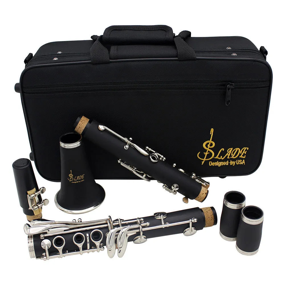 Black Bakelite beginner clarinet with nickel keys and a black carrying bag.
