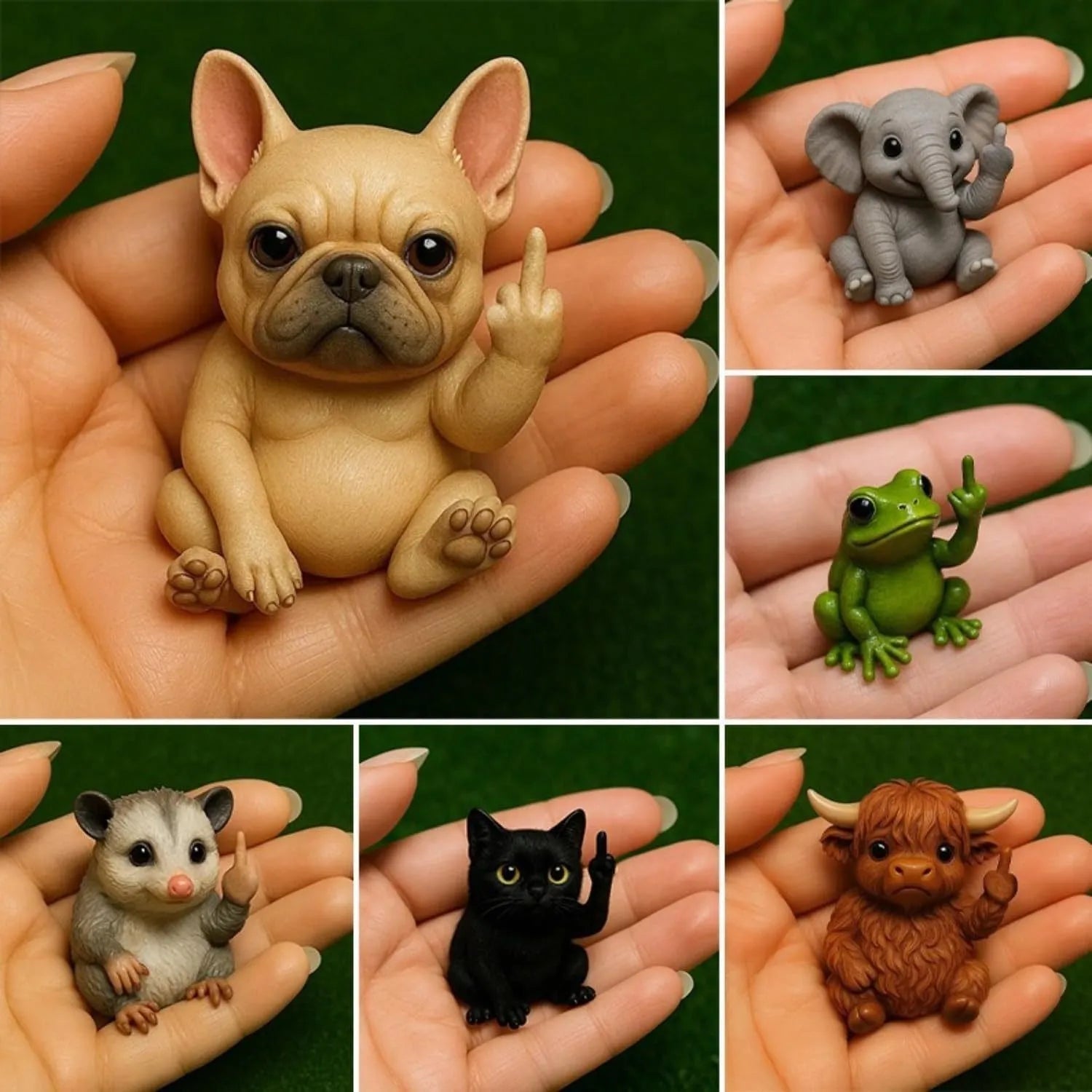 Resin animal middle finger doll ornament in chosen animal style such as cat, dog, or elephant.