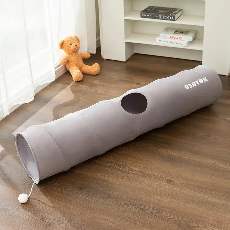 Collapsible cat tunnel with plush ball toy in brown or grey colour options