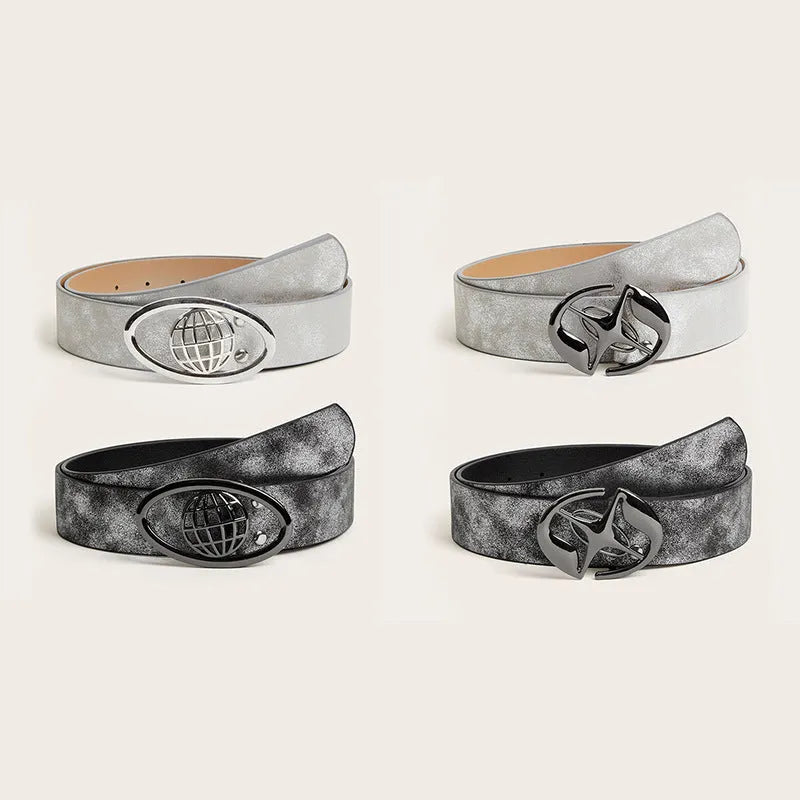 Retro women's belt with an oval alloy buckle on a thick earth-tone PU leather strap.