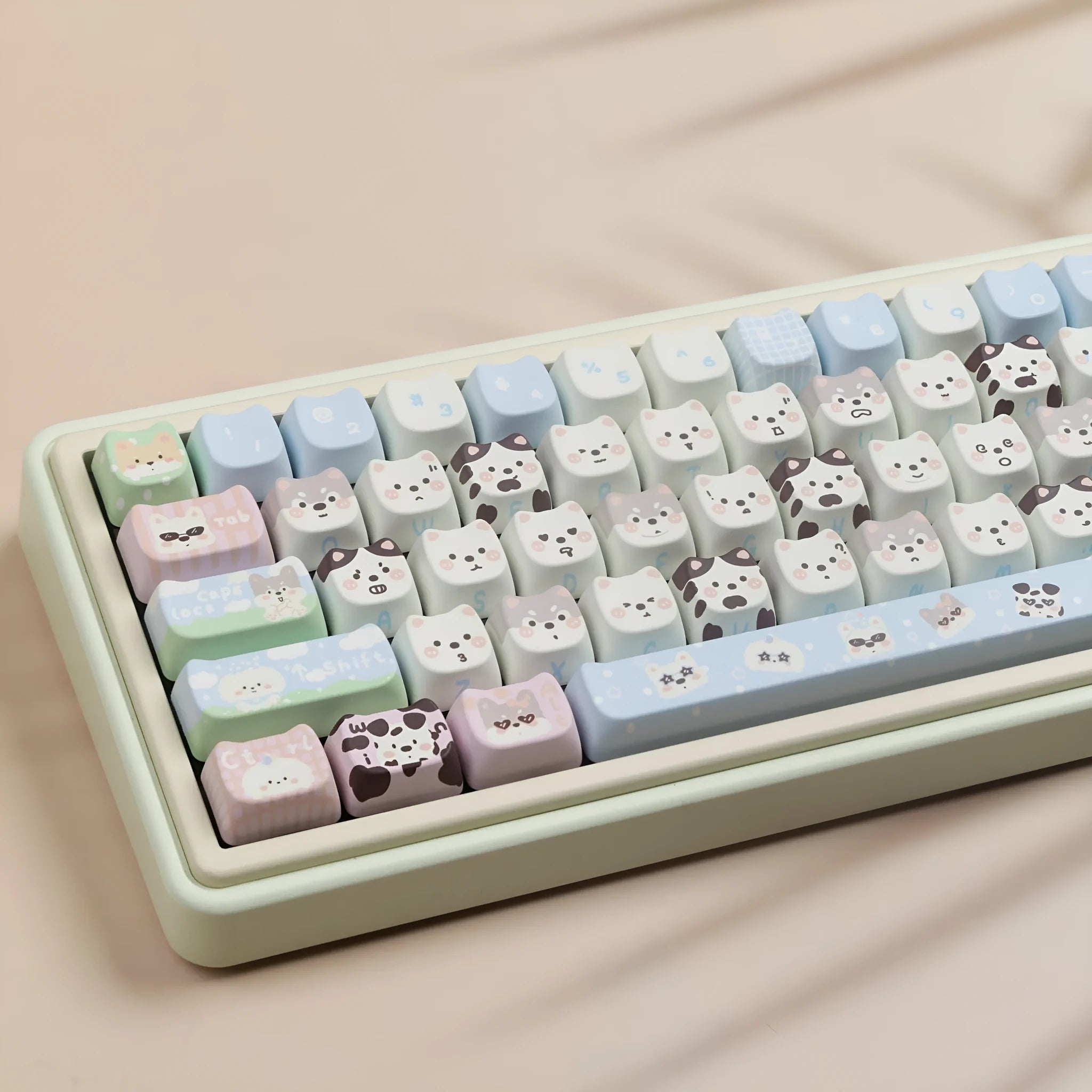 Full set of colourful anime puppy design PBT keycaps for a mechanical keyboard on a white background.