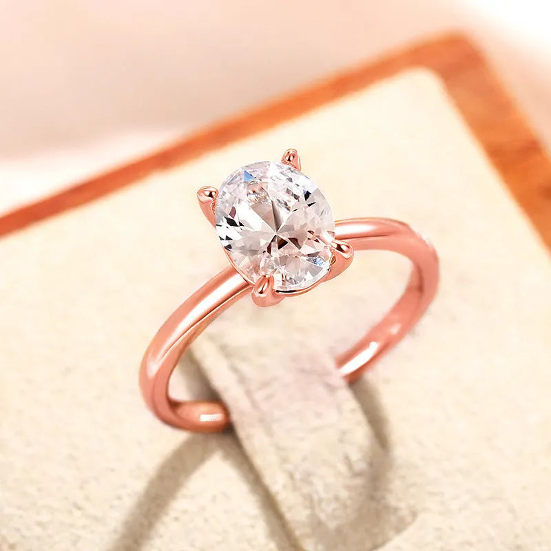 Oval masonry ring for women in copper with inlaid zircon, white gold colour finish, size No 7