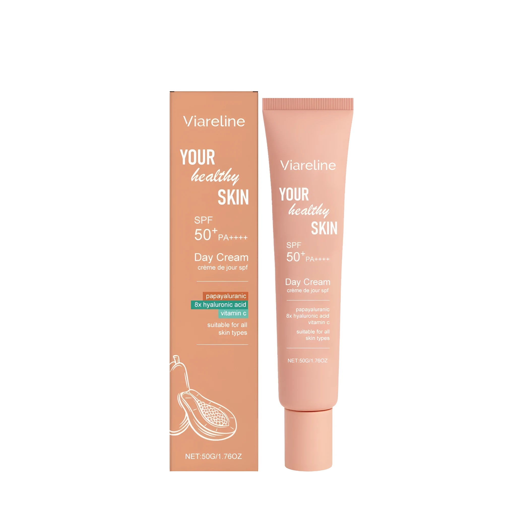 50g jar of lightweight moisturising sunscreen with SPF containing hyaluronic acid and vitamin C