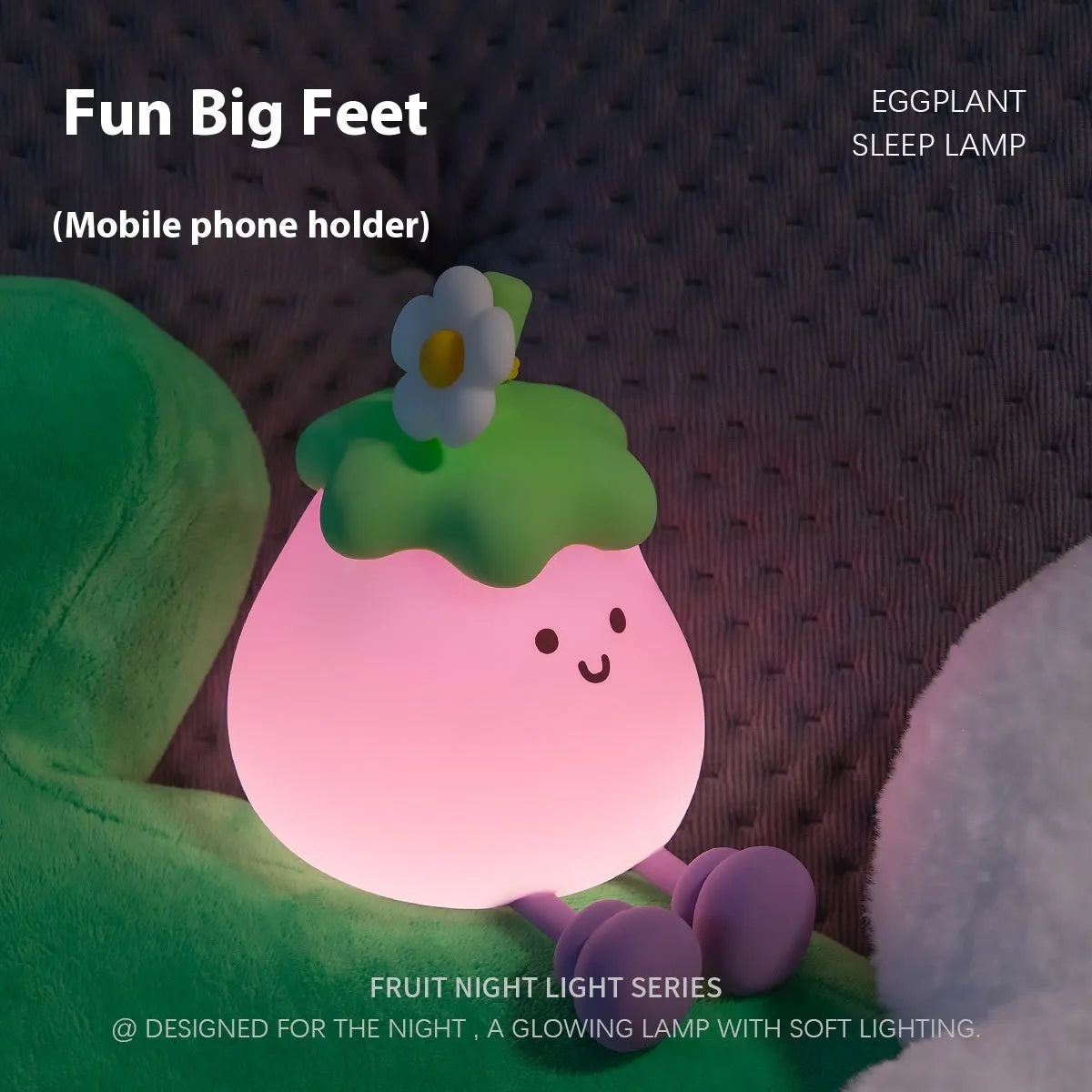 Cartoon eggplant small night lamp with soft yellow light beside broccoli design night light