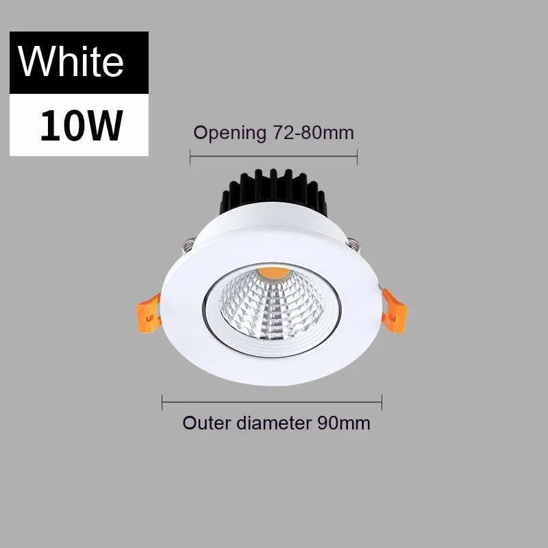 LED embedded ceiling spotlight with aluminium housing showing three colour temperature options and hole size measurements