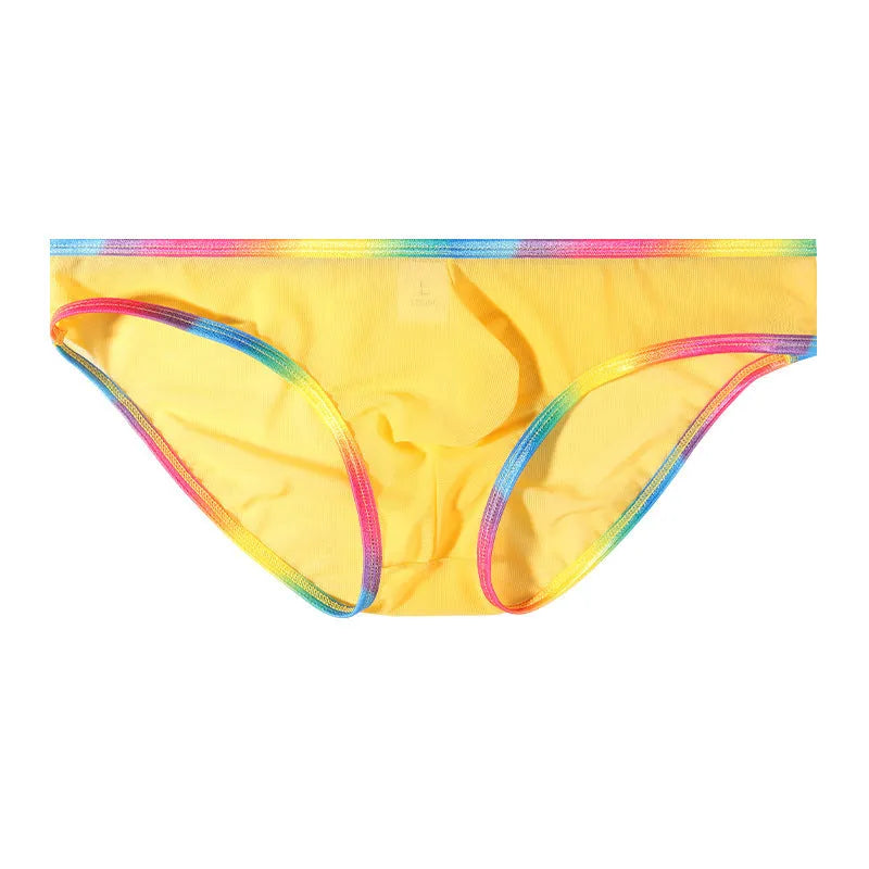 Mesh transparent women's briefs in multiple colours showing knitted nylon fabric.