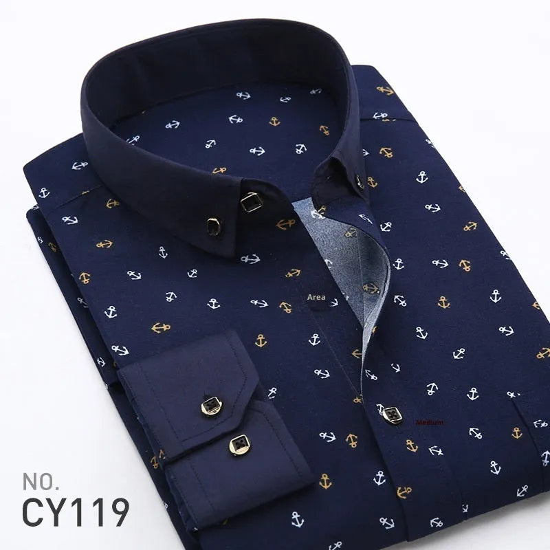 Men's slim-fit printed long-sleeved cardigan shirt in plaid and graphic colourways, Asian sizes 38-44