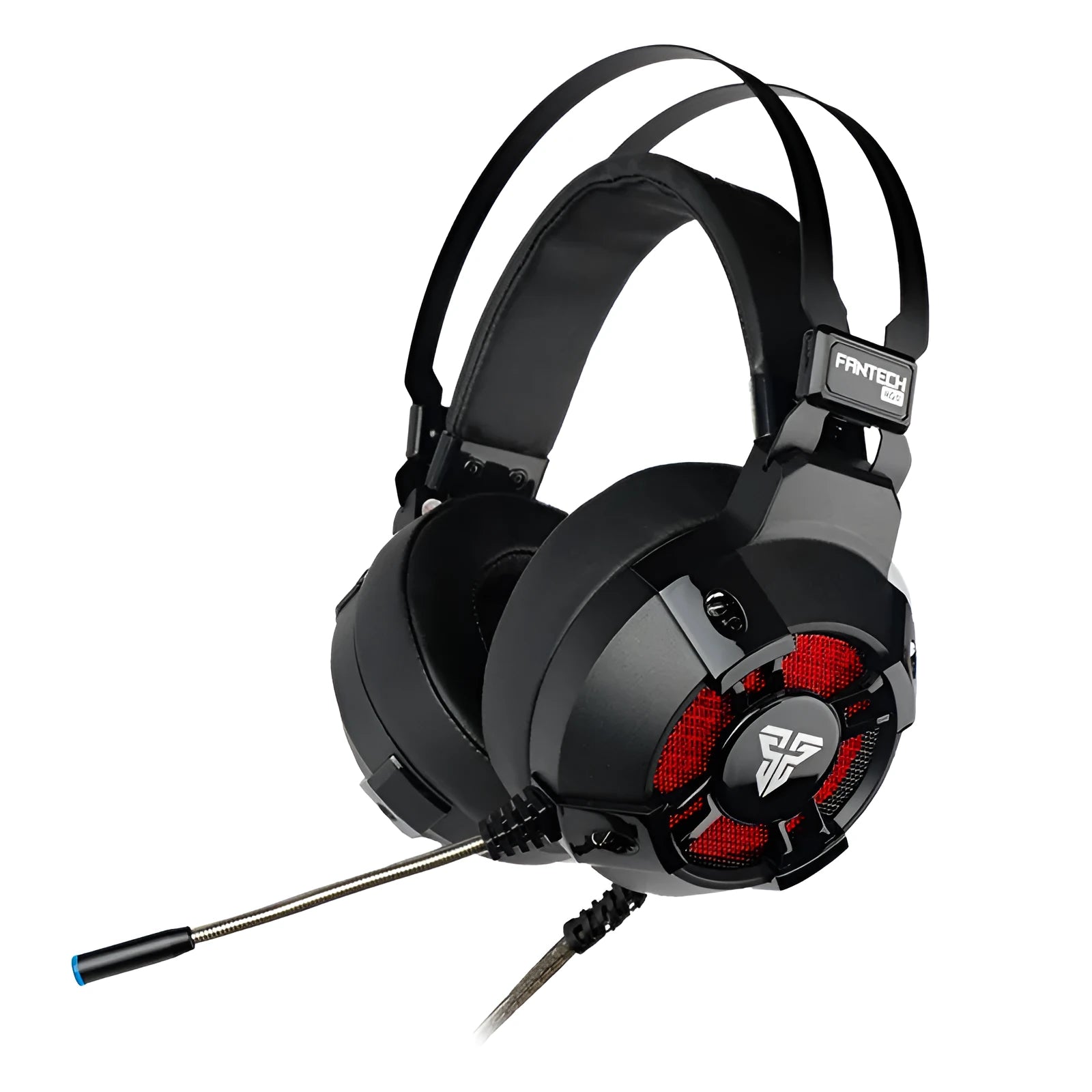 Black FANTECH HG11 gaming headset with microphone, RGB lights, and USB cable