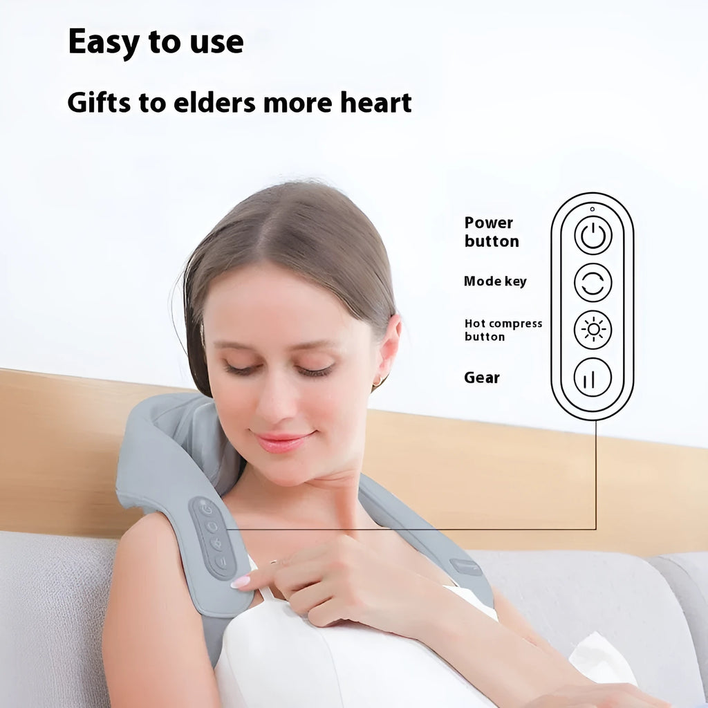 Grey elastic fabric neck and back massager with USB charging port and infrared function