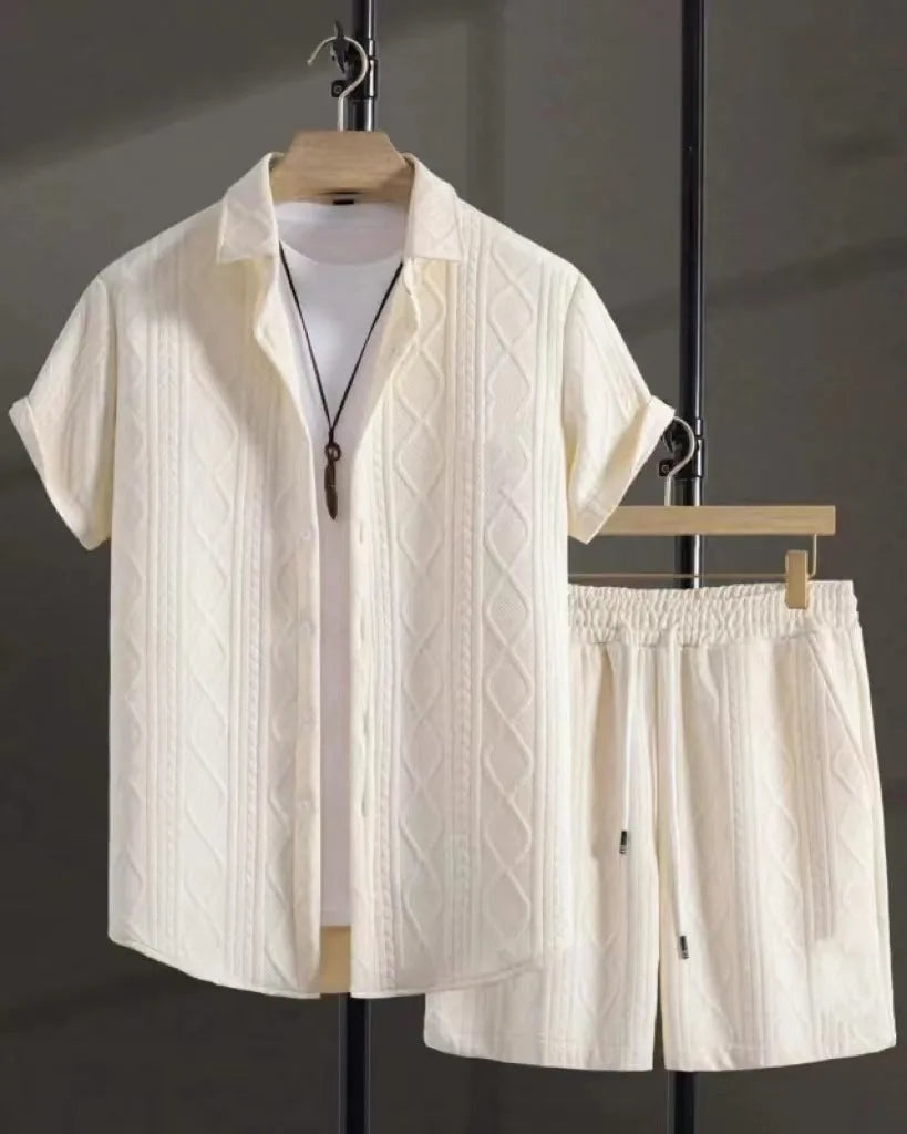 Short sleeve jacquard suit set with shorts in solid colour on a hanger
