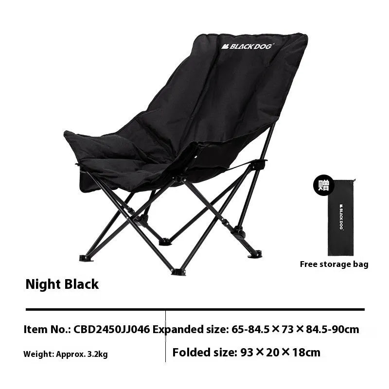 Night black folding moon chair with Oxford cloth seat and steel frame folded for portable transport