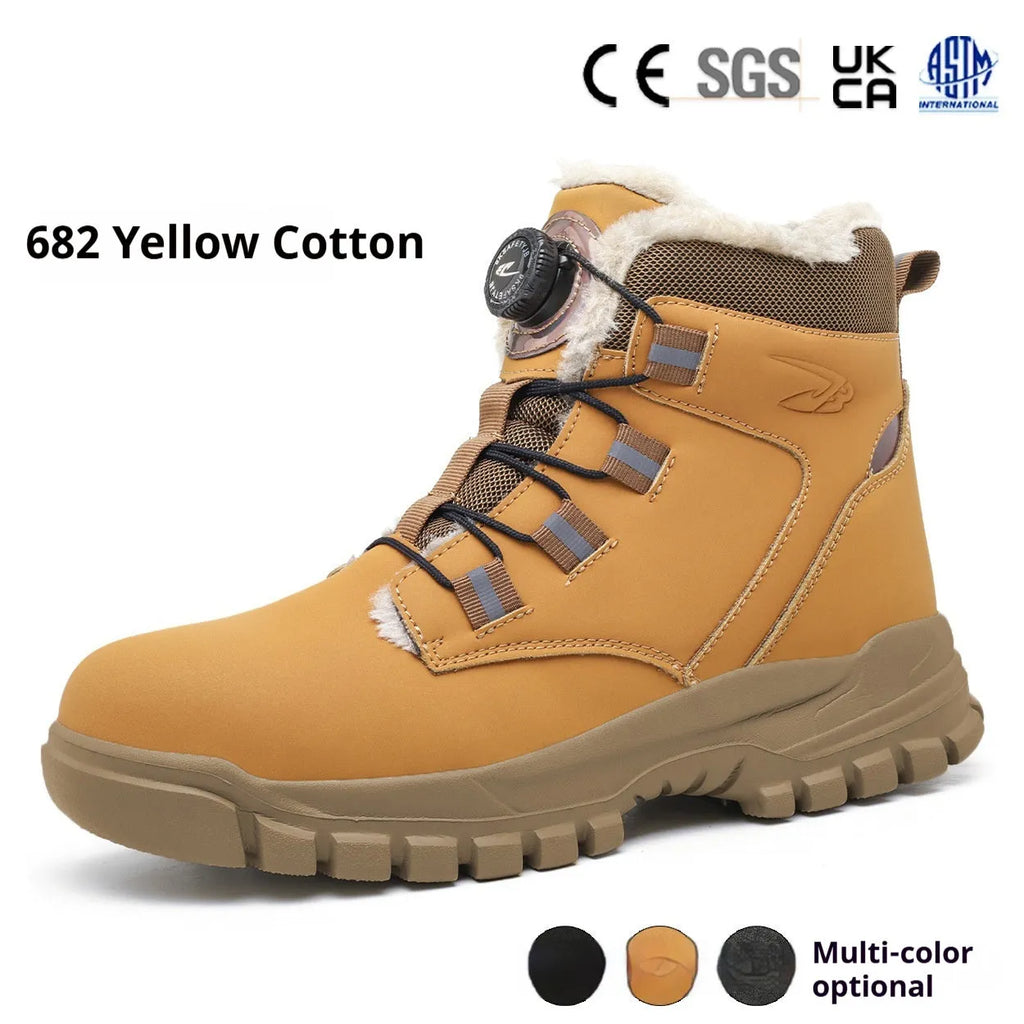 JK682 model leather upper safety shoes with rubber sole, shown in black, yellow, and grey colour options.