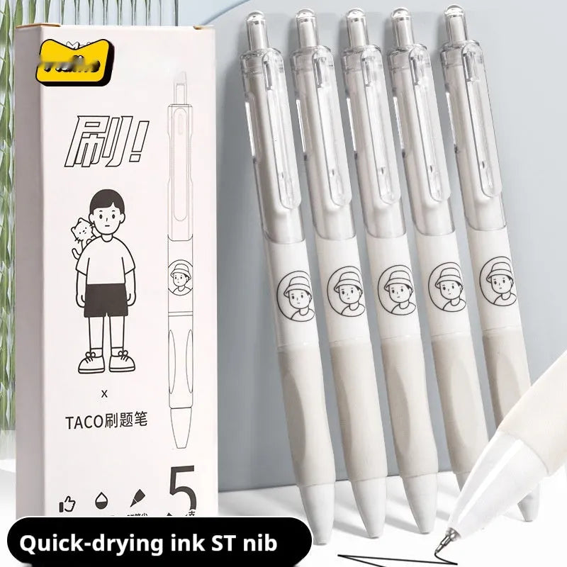 Five black plastic ballpoint pens with 0.5mm tips for exam writing