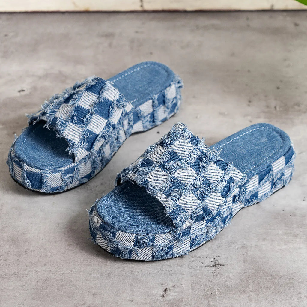 Women's denim slippers with slope heel and thick bottom in blue colour round toe design
