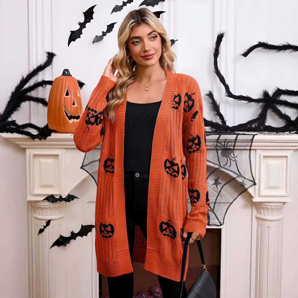 Women's black Halloween cardigan with orange Jacquard-knitted pumpkin head pattern.
