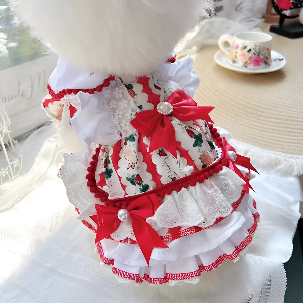 Small white dog wearing a pink rabbit-themed princess skirt with layered fabric.