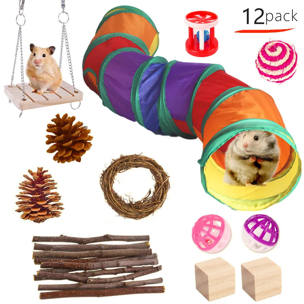 Assortment of natural wooden and woven grass chew toys for small pets like rabbits and guinea pigs
