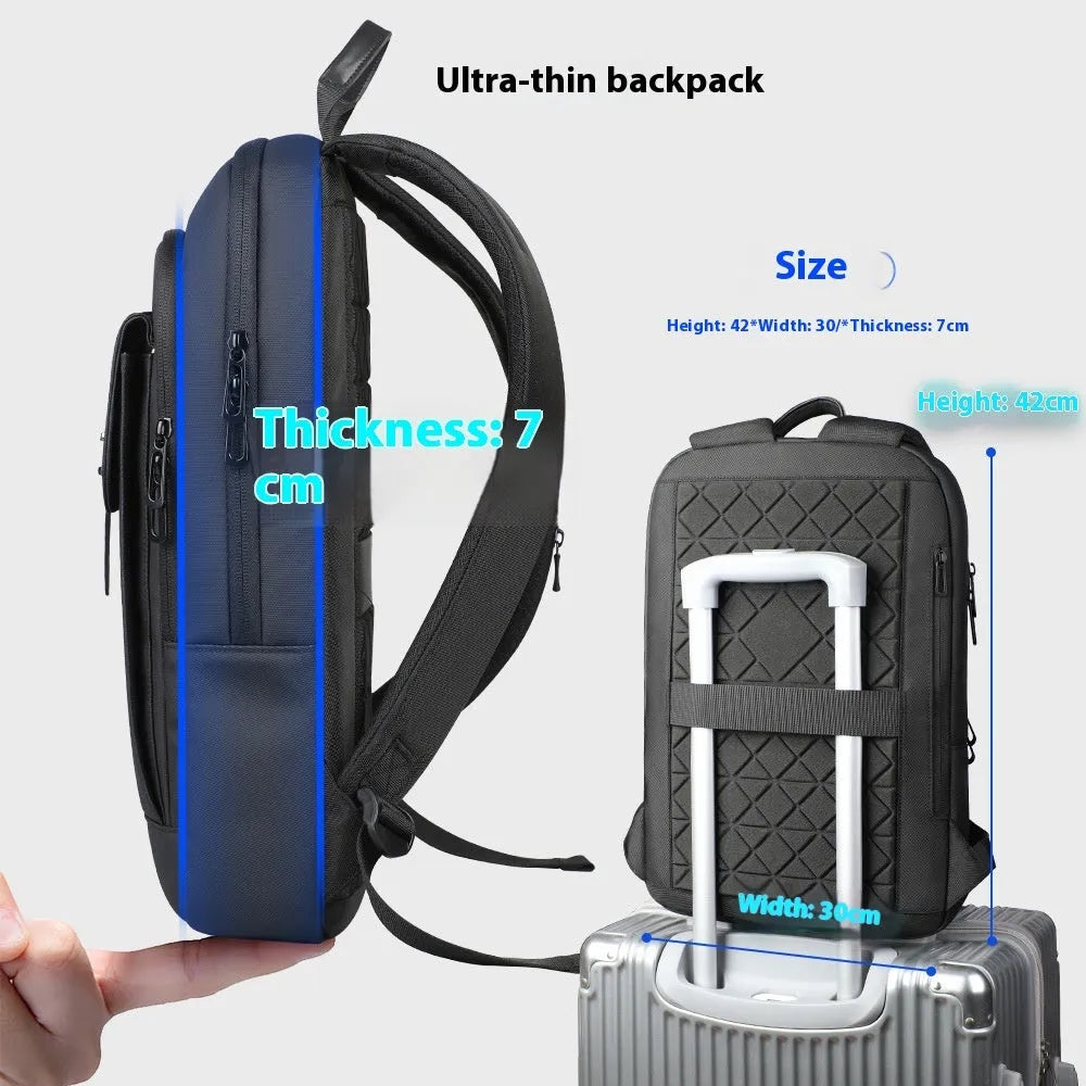 Solid black Oxford cloth backpack with sewing line details for business commute