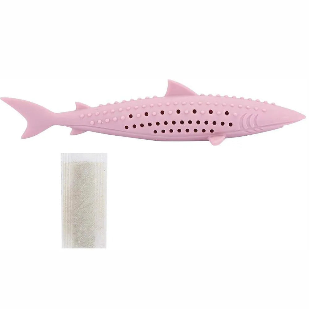 Green silicone fish-shaped chew toy for cats on a white background.
