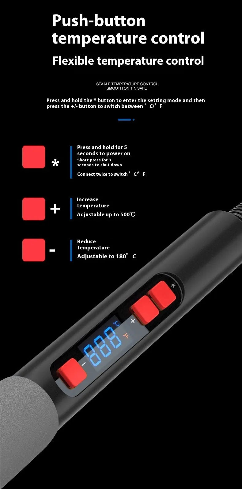 Grey 90W electric soldering iron kit with ceramic heating core, five tips, tin wire, and holder on a workbench.