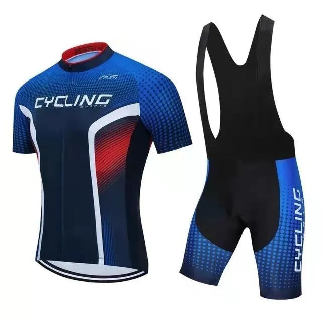 Men's and women's blue cycling jersey and matching pants set for summer road and mountain biking.