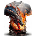 Man wearing a grey T-shirt with a detailed blue and black 3D wind dragon print across the chest.