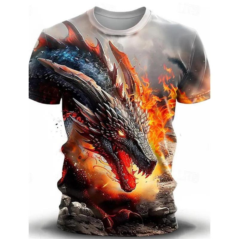 Man wearing a grey T-shirt with a detailed blue and black 3D wind dragon print across the chest.