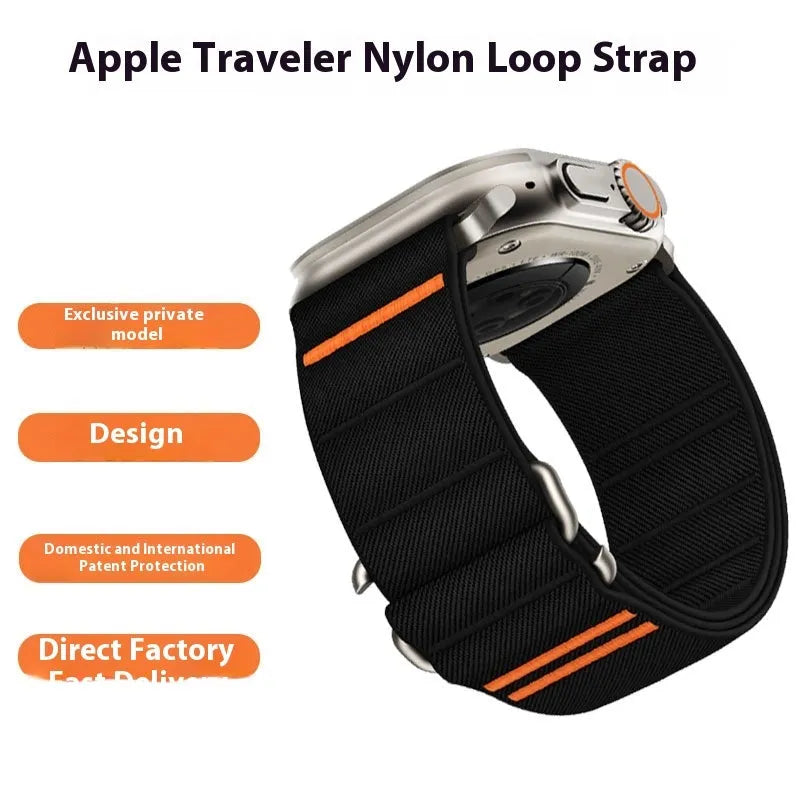Elastic nylon Apple Watch band with stainless steel buckle shown in multiple colour options.