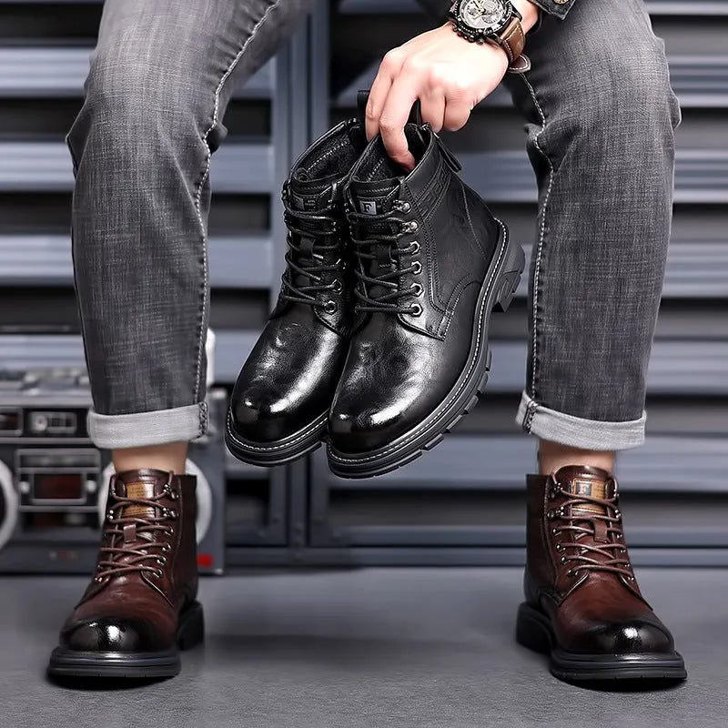 Men's black leather work ankle boots with patent finish and rubber sole for haulage motor environments