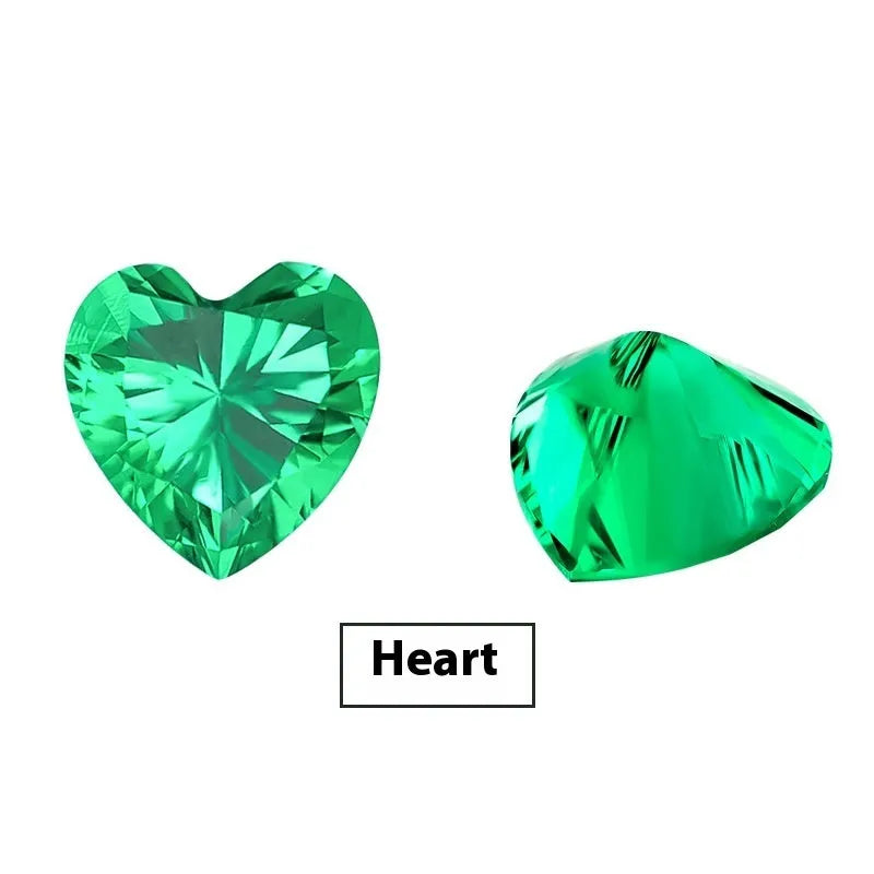 Cultivated emerald gemstones in Columbia green treasure colour showing round and princess cut sizes