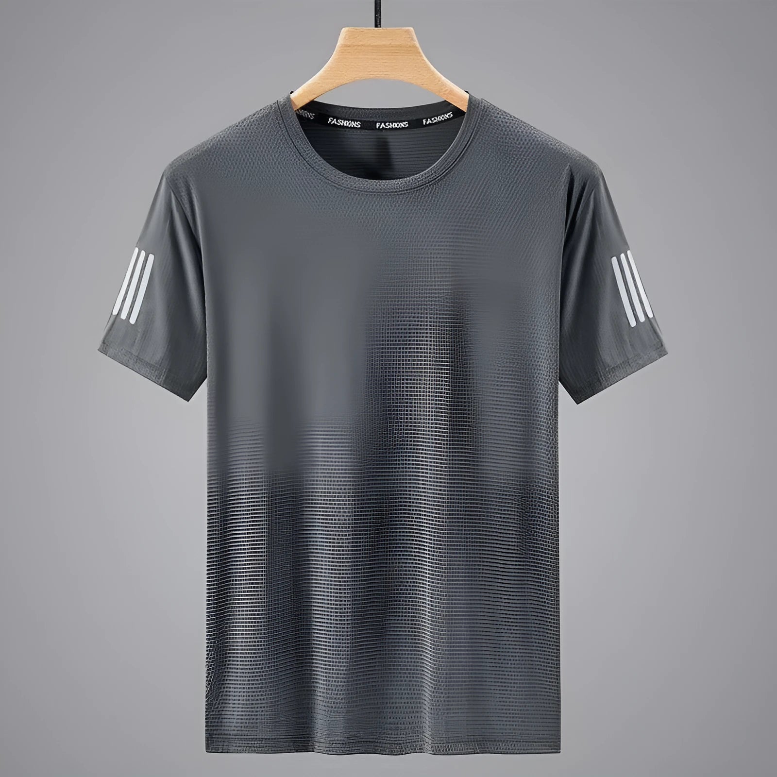 Men's summer solid colour ice T-shirt in black polyester bird eye cloth with round neck and short sleeves on a plain background