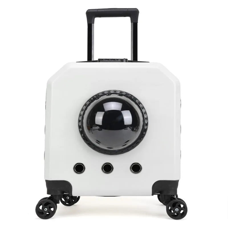 Hard-shell PVC pet flight trolley case in pink colour with retractable handle and wheels.