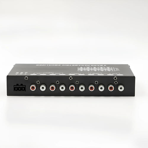 Black car audio EQ tuning amplifier with control knobs for subwoofer frequency and volume adjustment