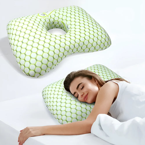 Single hole ear pillow for adults in grey, measuring 39 by 28 centimetres.