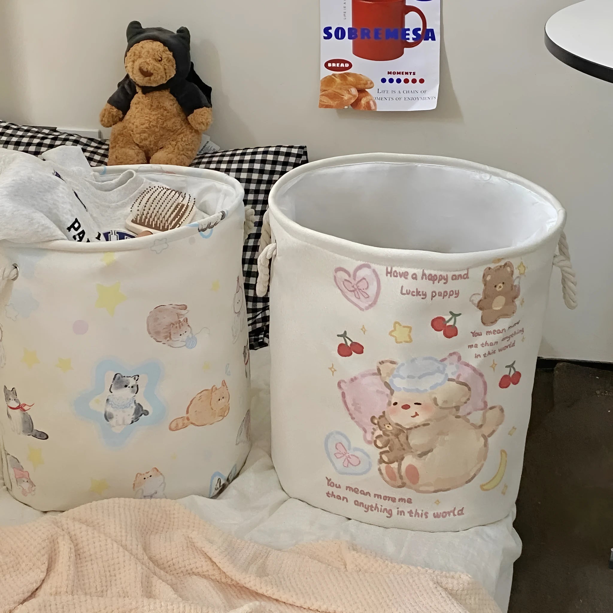 Foldable laundry basket with decorative removable cotton cover in choice of 12 patterns