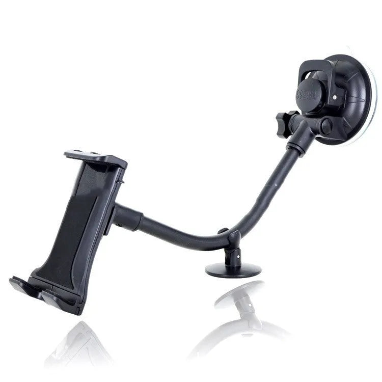 Black universal vehicle-mounted tablet holder with long-rod suction cup for 4-12 inch devices.