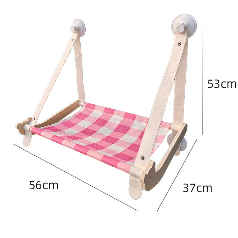 Wooden cat window hammock bed with linen fabric attached to window by suction cups