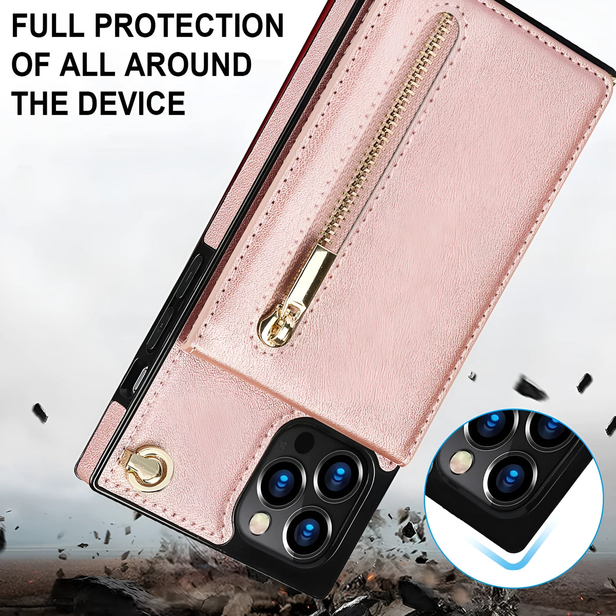 Leather and TPU phone case in black, green, purple, red, and rose gold for iPhone and Samsung models