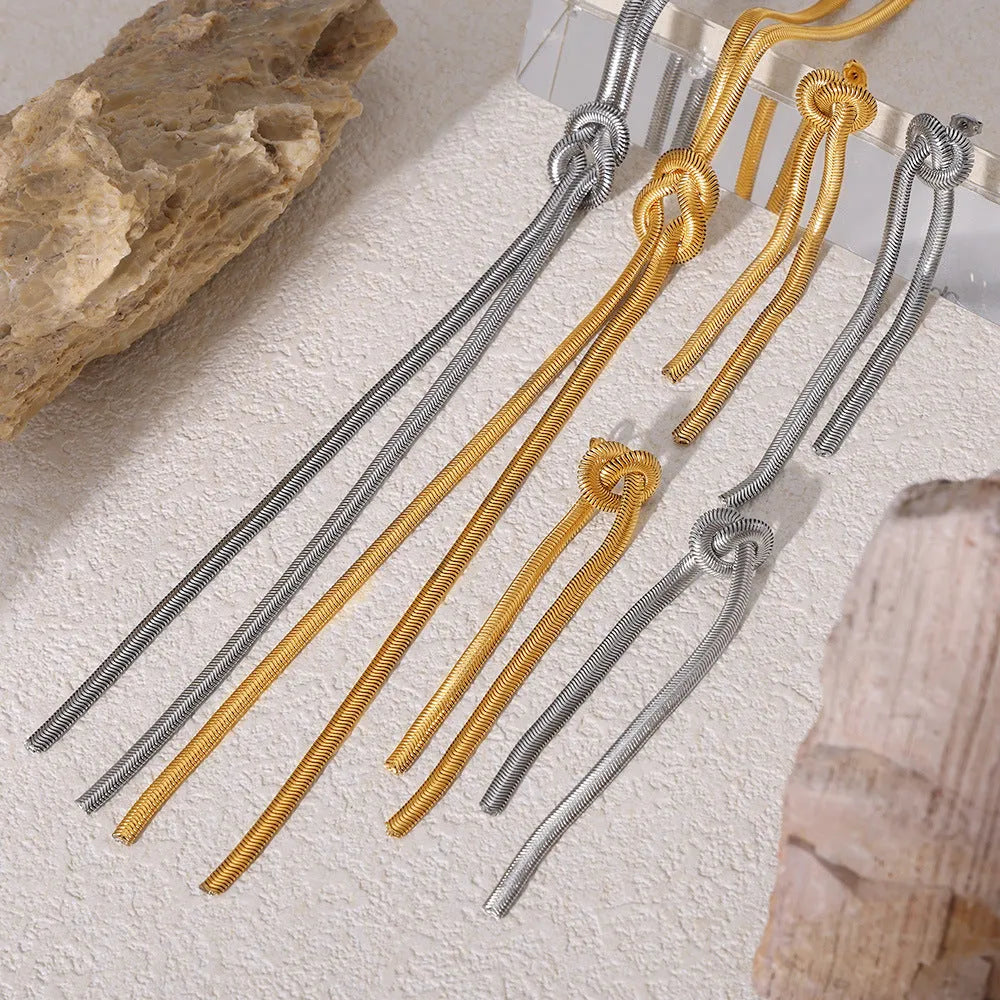 Gold knotted tassel snake chain long necklace with matching titanium steel electroplated earrings