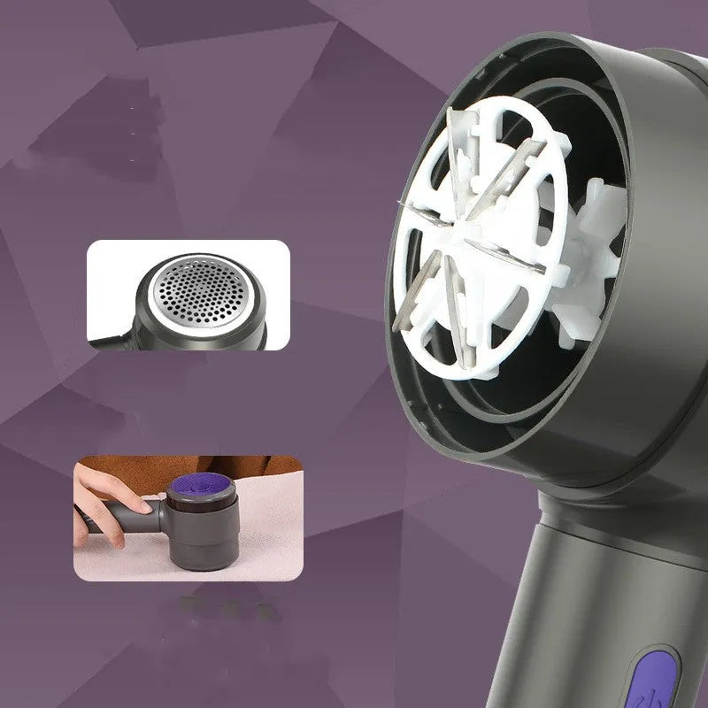 Blue purple electric hairball trimmer with suction for clothes, USB powered, 8.8x7.4x20cm