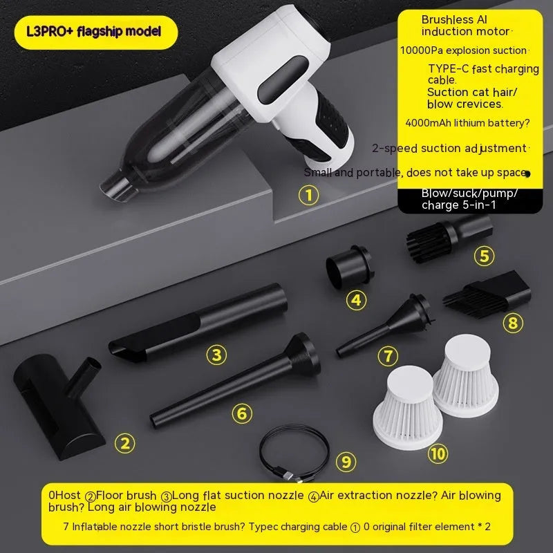 Handheld car vacuum cleaner with nozzle attachments in black, white, or grey colours