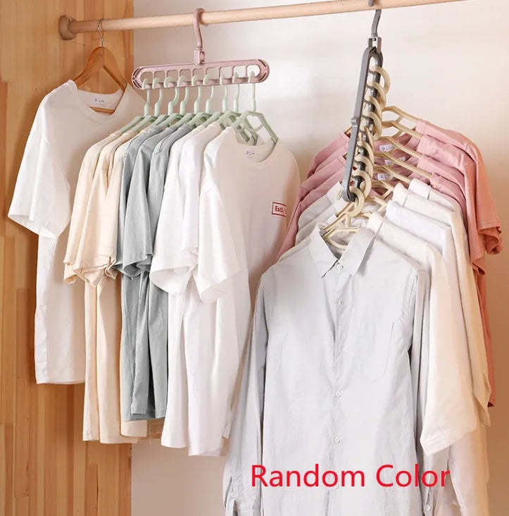 Plastic clothes hanger organiser with rotating hook in various colour options on white background