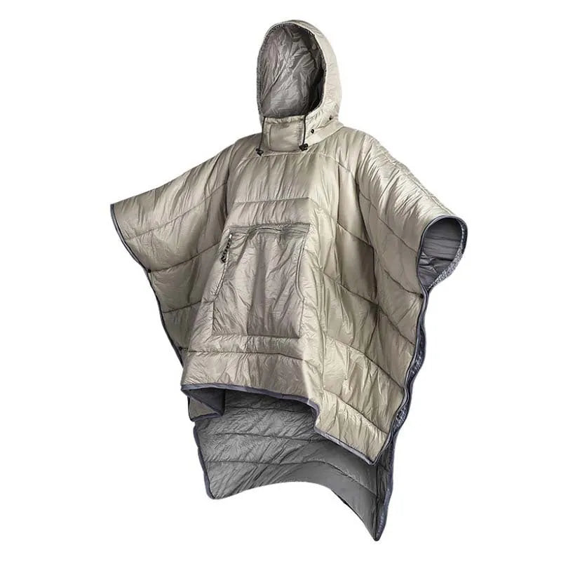 Army Green outdoor cloak sleeping bag with nylon shell shown in wearable configuration