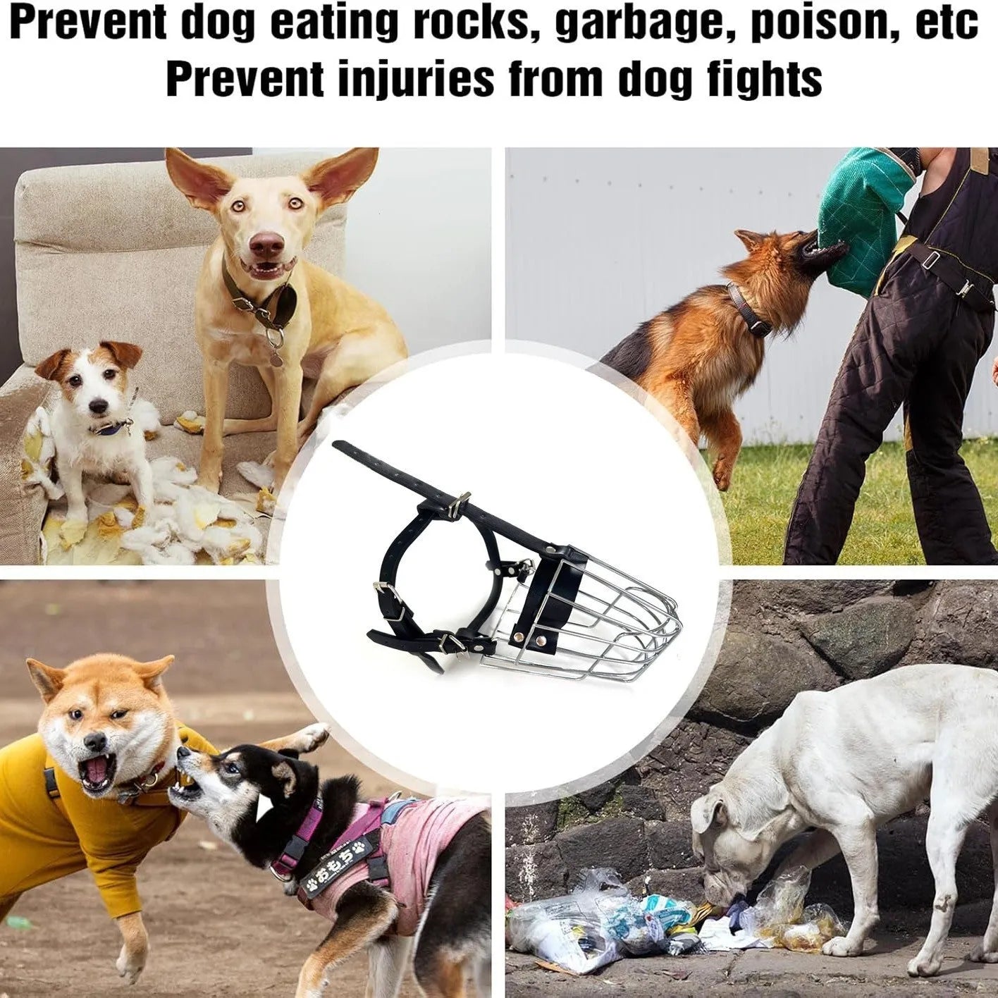 Black metal dog mouth cover designed for golden retrievers and German Shepherds with an adjustable strap.