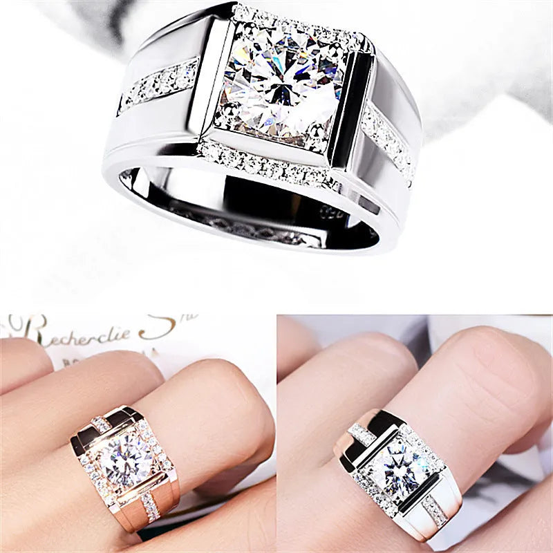 Men's adjustable imitation moissanite ring with diamond zircon stones in geometric design