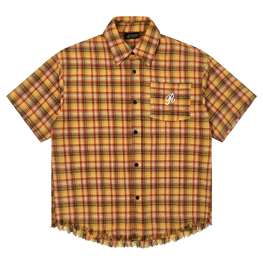 Yellow grid plaid shirt with embroidery pocket detail, loose fit short sleeve design