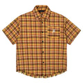 Yellow grid plaid shirt with embroidery pocket detail, loose fit short sleeve design