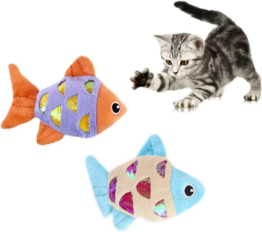 Two goldfish-shaped cat toys in blue, orange, and pink colours with soft plush exterior