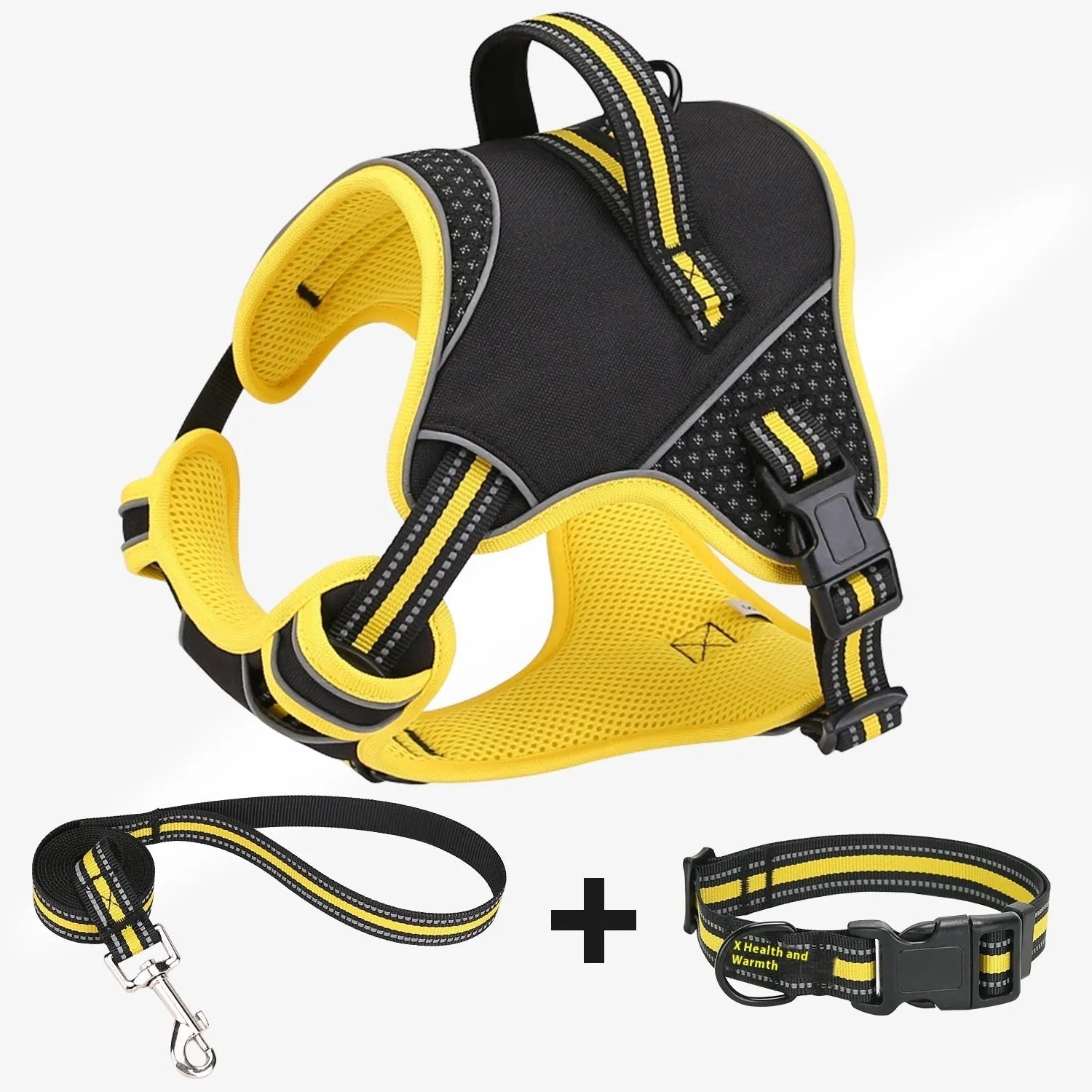 Orange polyester dog harness and lead set shown on size chart for S, M, and L specifications.